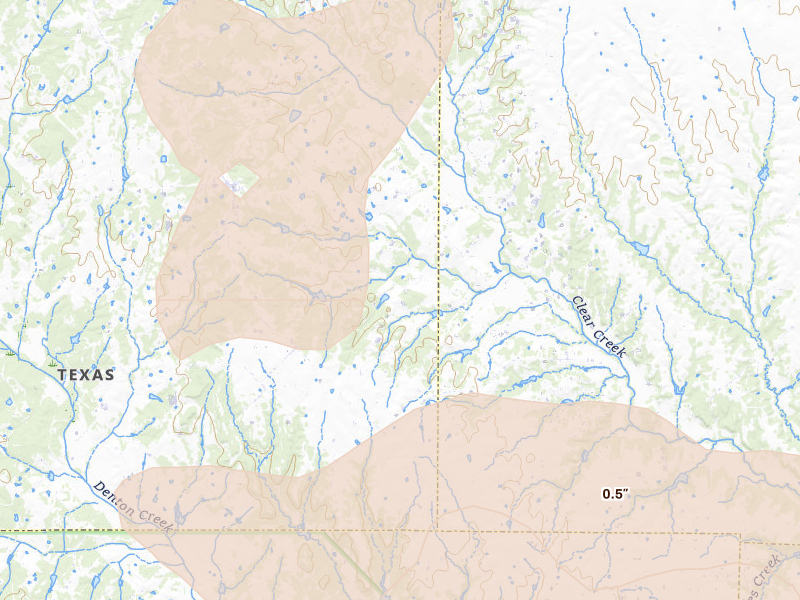 Radar-estimated hail-size map of the storm over Forestburg, TX on May 19, 2026