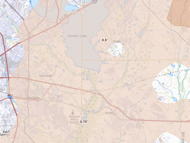 Radar-estimated hail-size map of the storm over Forney, TX on Mar 4, 2026