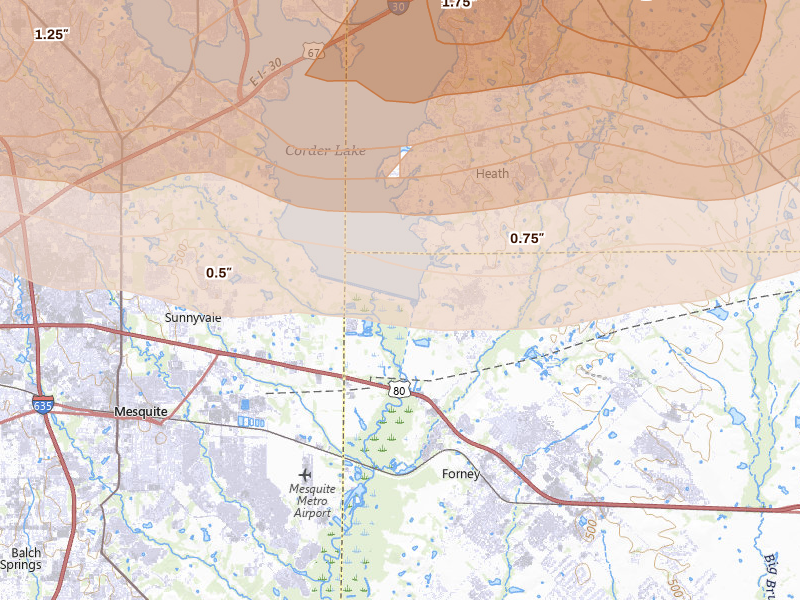 Radar-estimated hail-size map of the storm over Forney, TX on Apr 27, 2026