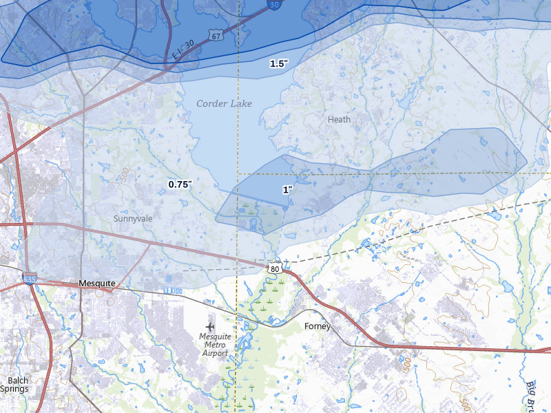 NEXRAD radar-signature map of the hail over Forney, TX