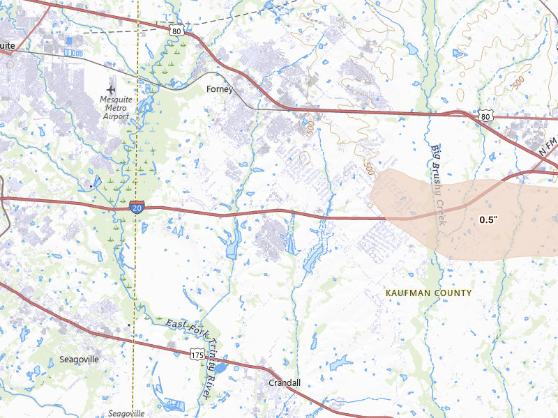 Radar-estimated hail-size map of the storm over Forney, TX on Apr 29, 2026
