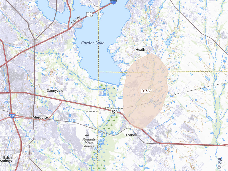 Radar-estimated hail-size map of the storm over Forney, TX on May 22, 2026