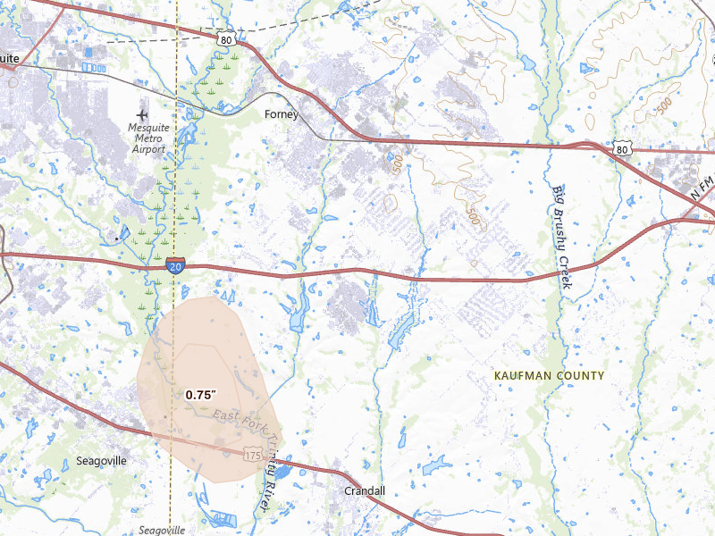Radar-estimated hail-size map of the storm over Forney, TX on May 24, 2026