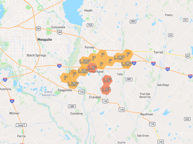 Hail map of Forney, TX on Jun 7, 2026, hail up to 1.5"
