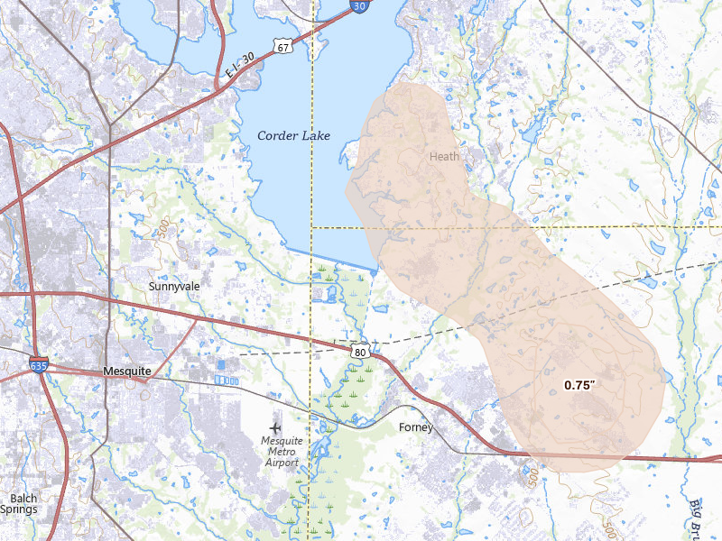 Radar-estimated hail-size map of the storm over Forney, TX on Jul 12, 2026