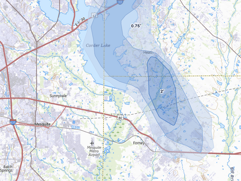 NEXRAD radar-signature map of the hail storm over Forney, TX on Jul 12, 2026