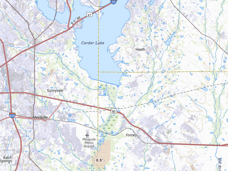 Radar-estimated hail-size map of the storm over Forney, TX on Jul 16, 2026