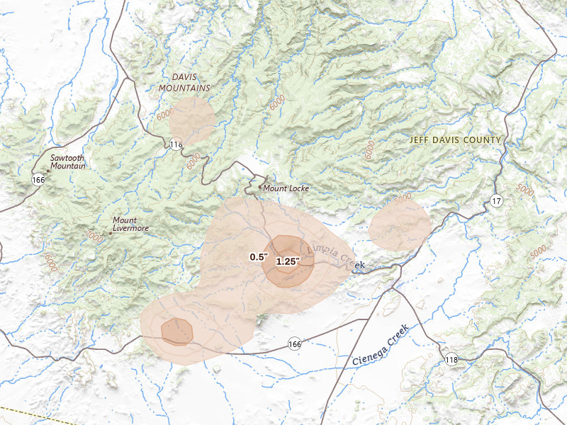 Radar-estimated hail-size map of the storm over Fort Davis, TX on Jun 2, 2026