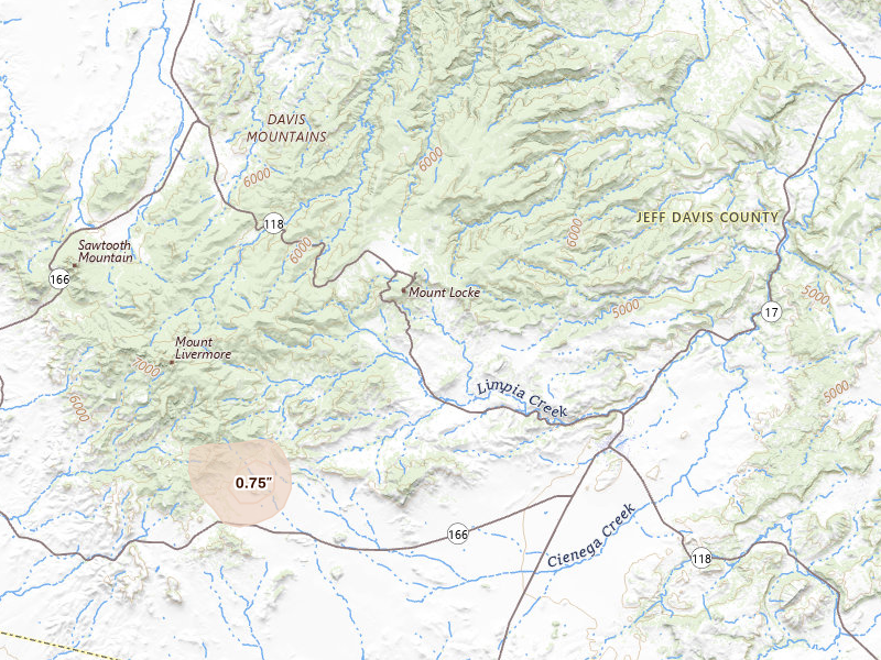 Radar-estimated hail-size map of the storm over Fort Davis, TX on Jun 3, 2026