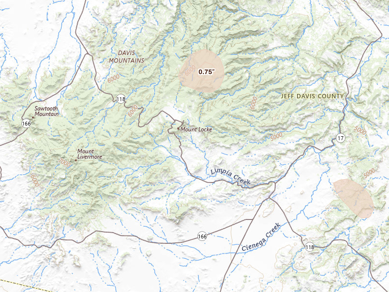 Radar-estimated hail-size map of the storm over Fort Davis, TX on Jun 26, 2026
