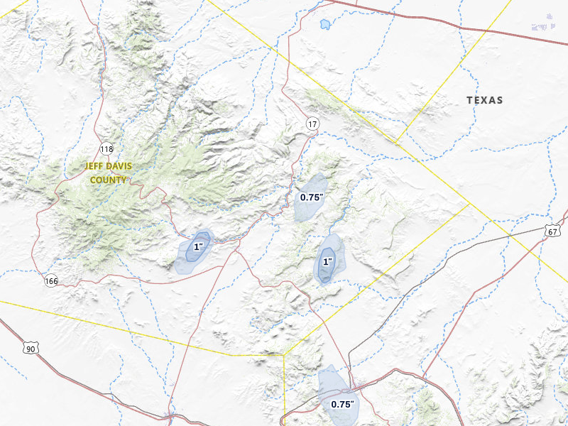 NEXRAD radar-signature map of the hail storm over Fort Davis, TX on Aug 6, 2026
