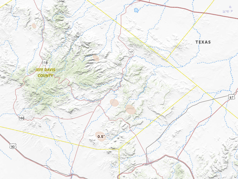 Radar-estimated hail-size map of the storm over Fort Davis, TX on Aug 17, 2026