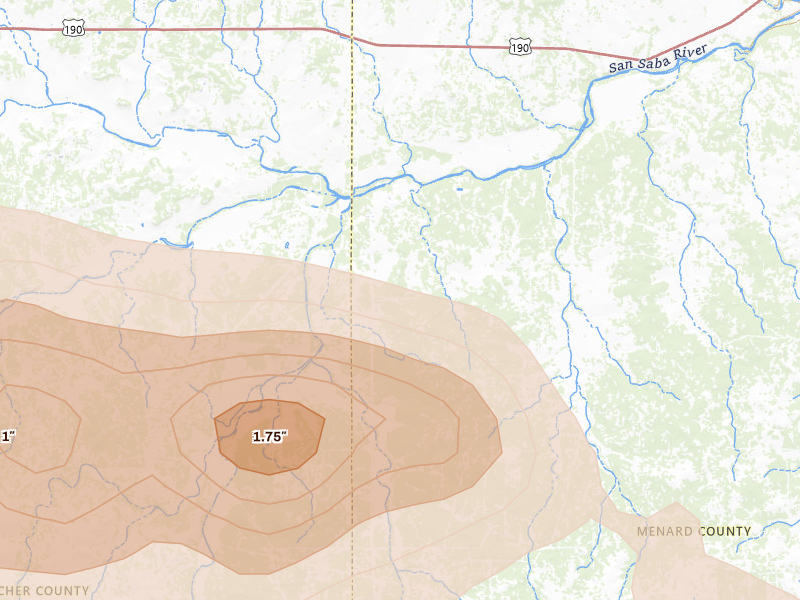 Radar-estimated hail-size map of the storm over Fort Mc Kavett, TX on May 20, 2026