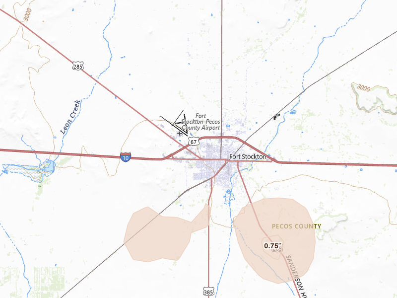 Radar-estimated hail-size map of the storm over Fort Stockton, TX on Jun 5, 2026