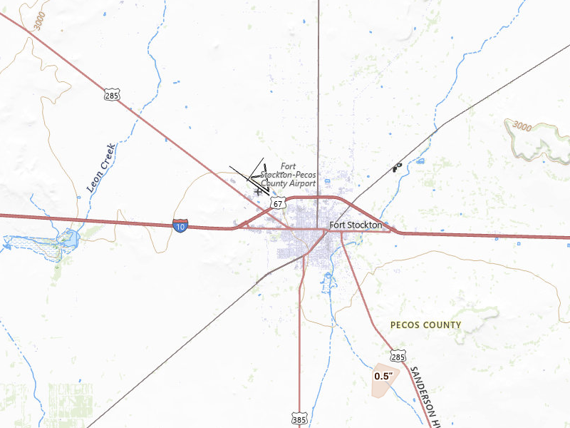 Radar-estimated hail-size map of the storm over Fort Stockton, TX on Jul 18, 2026