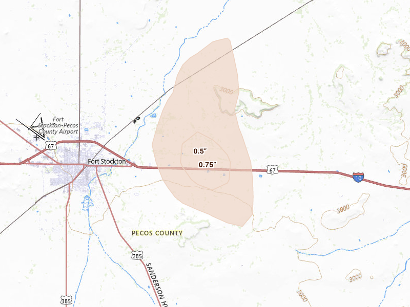 Radar-estimated hail-size map of the storm over Fort Stockton, TX on Aug 14, 2026