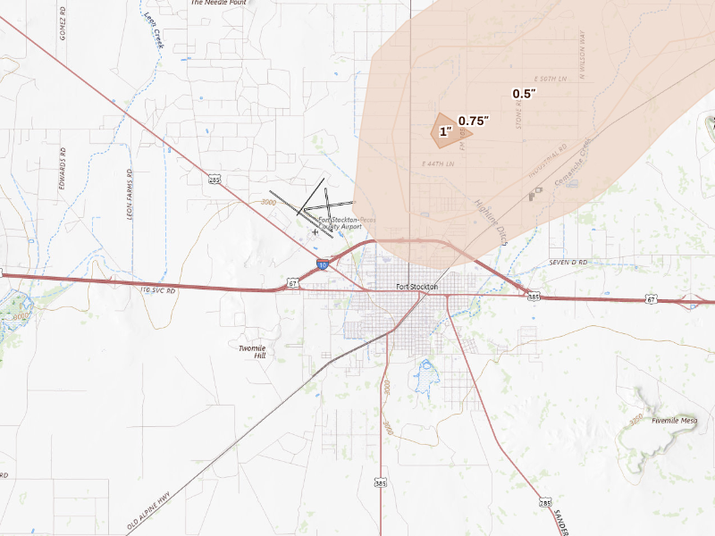 Radar-estimated hail-size map of the storm over Fort Stockton, TX