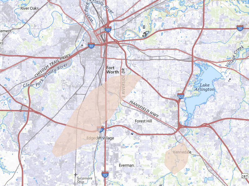 Radar-estimated hail-size map of the storm over Fort Worth, TX on Mar 4, 2026