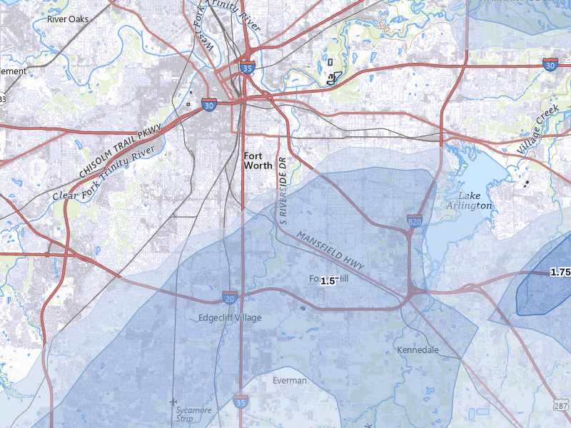 NEXRAD radar-signature map of the hail storm over Fort Worth, TX on Mar 4, 2026