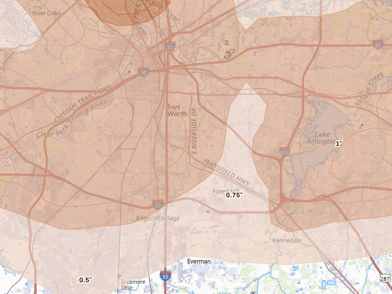 Radar-estimated hail-size map of the storm over Fort Worth, TX on Apr 25, 2026