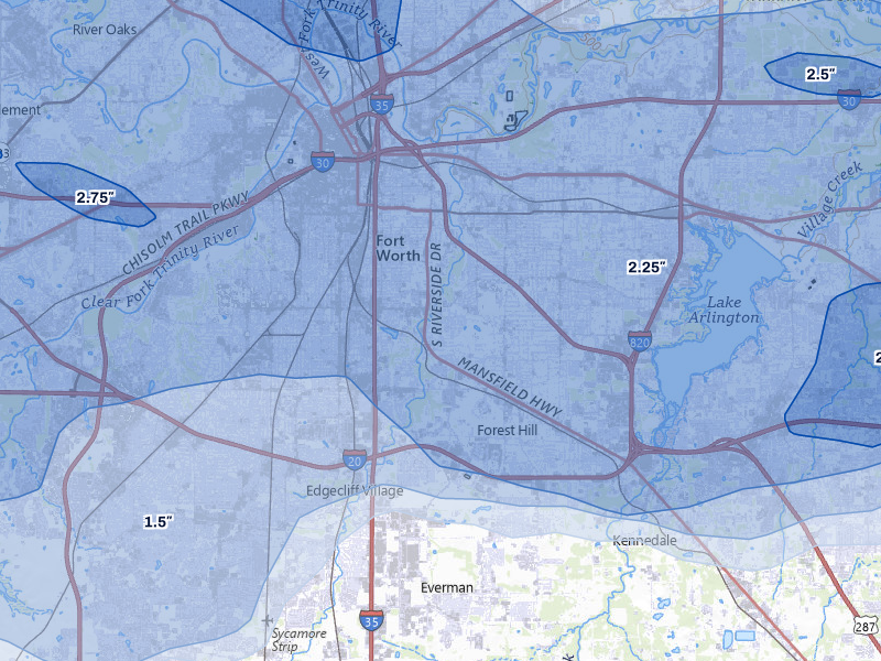 NEXRAD radar-signature map of the hail over Fort Worth, TX
