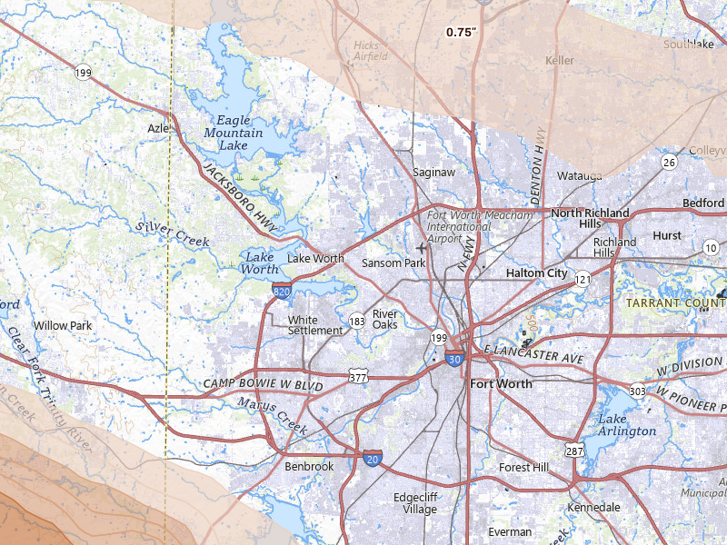 Radar-estimated hail-size map of the storm over Fort Worth, TX on Apr 28, 2026