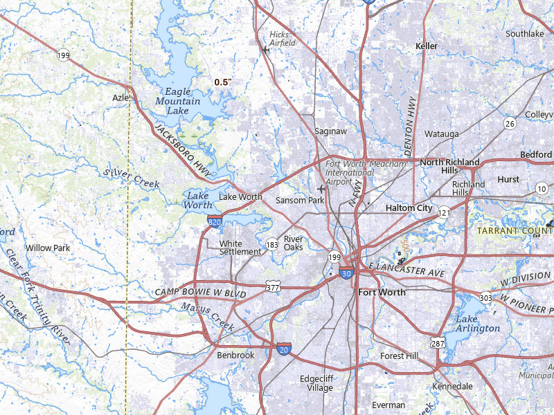 Radar-estimated hail-size map of the storm over Fort Worth, TX on May 7, 2026