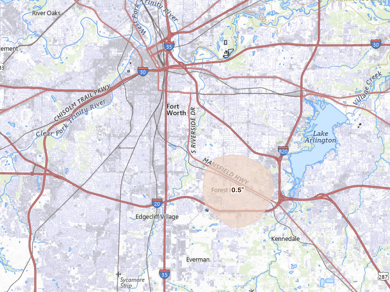 Radar-estimated hail-size map of the storm over Fort Worth, TX on May 22, 2026