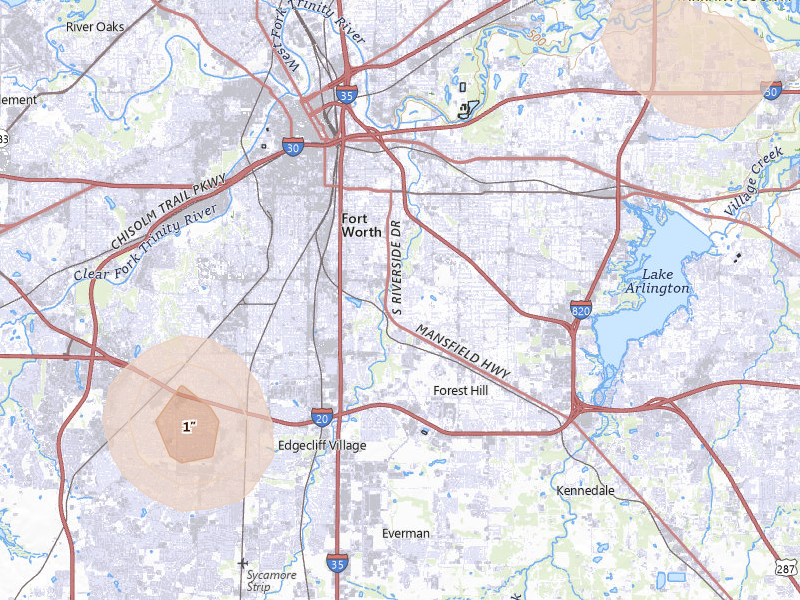 Radar-estimated hail-size map of the storm over Fort Worth, TX on May 25, 2026
