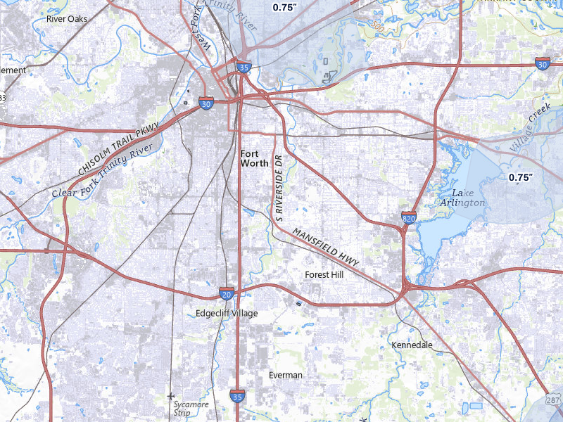 NEXRAD radar-signature map of the hail over Fort Worth, TX