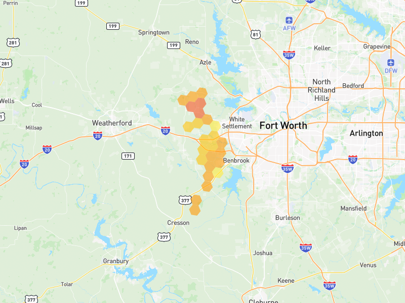 Hail map of Fort Worth, TX on Jun 2, 2026, hail up to 1.75"