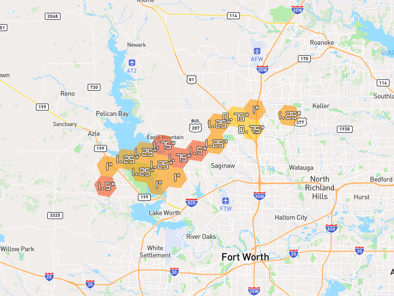 Hail map of Fort Worth, TX on Jun 6, 2026, hail up to 1.75"