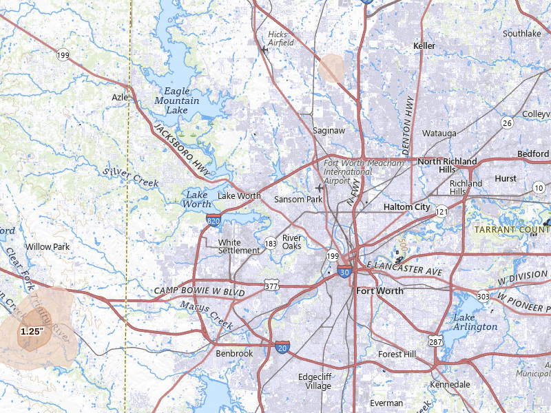 Radar-estimated hail-size map of the storm over Fort Worth, TX on Jul 6, 2026