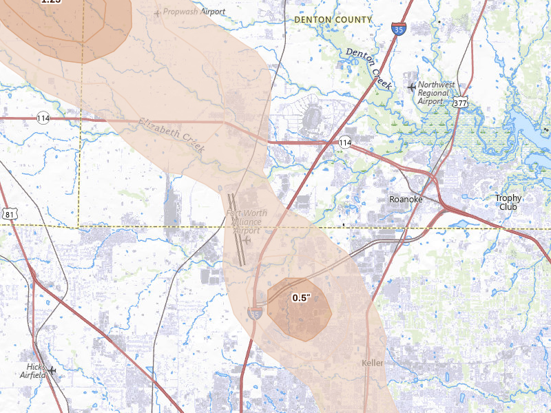 Radar-estimated hail-size map of the storm over Fort Worth, TX on Aug 26, 2026