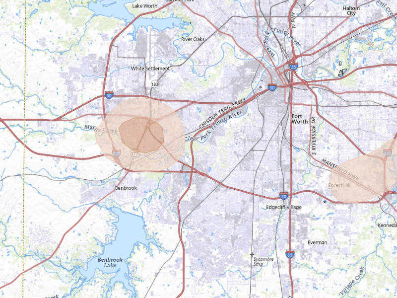 Radar-estimated hail-size map of the storm over Fort Worth, TX
