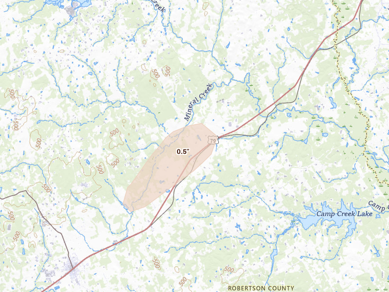 Radar-estimated hail-size map of the storm over Franklin, TX on Jun 2, 2026