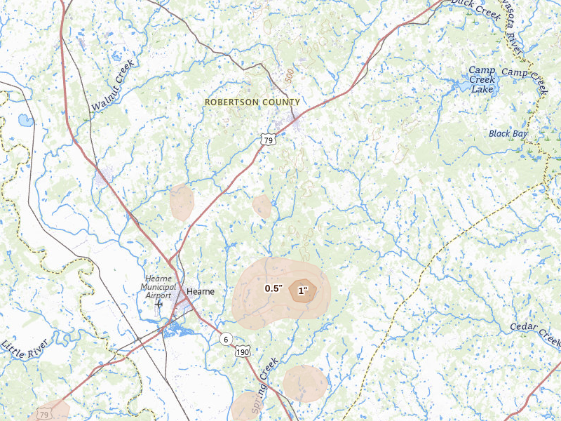Radar-estimated hail-size map of the storm over Franklin, TX on Aug 28, 2026
