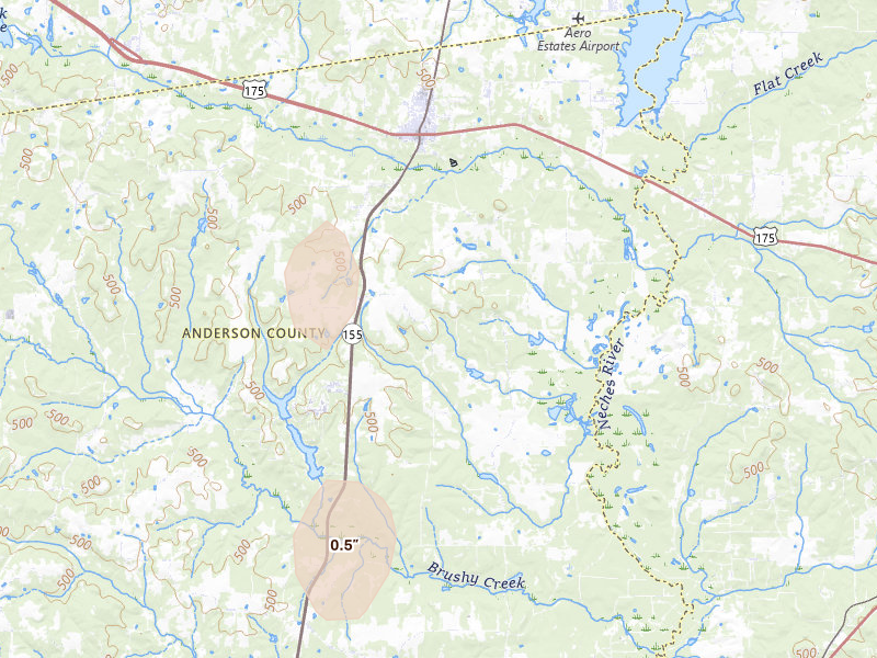 Radar-estimated hail-size map of the storm over Frankston, TX on May 26, 2026