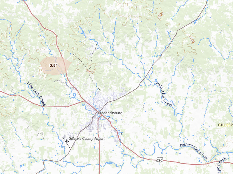 Radar-estimated hail-size map of the storm over Fredericksburg, TX on Apr 29, 2026