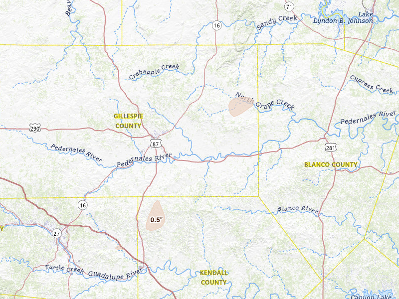 Radar-estimated hail-size map of the storm over Fredericksburg, TX on May 22, 2026