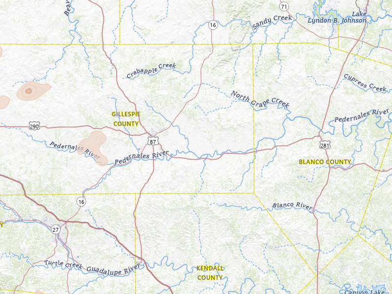 Radar-estimated hail-size map of the storm over Fredericksburg, TX on May 24, 2026