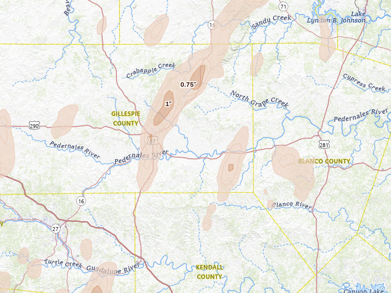 Radar-estimated hail-size map of the storm over Fredericksburg, TX on May 26, 2026