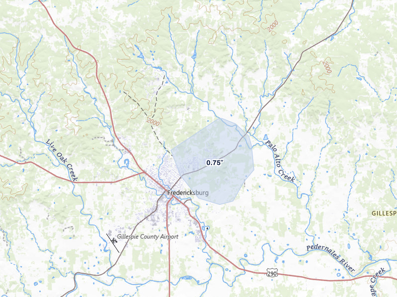 NEXRAD radar-signature map of the hail over Fredericksburg, TX