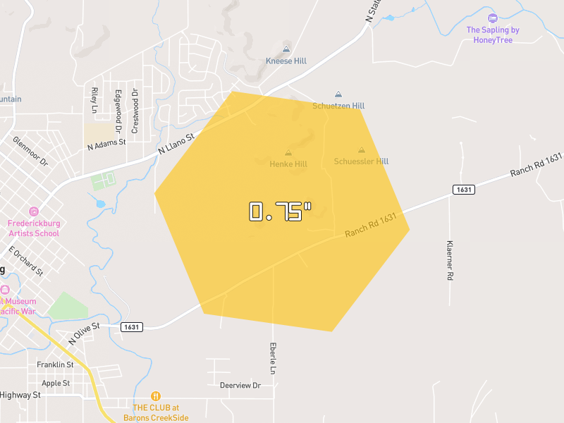 Hail map of Fredericksburg, TX on Jun 3, 2026, hail up to 0.75"