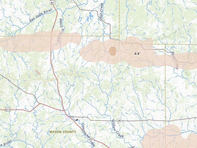 Radar-estimated hail-size map of the storm over Fredonia, TX on Apr 30, 2026