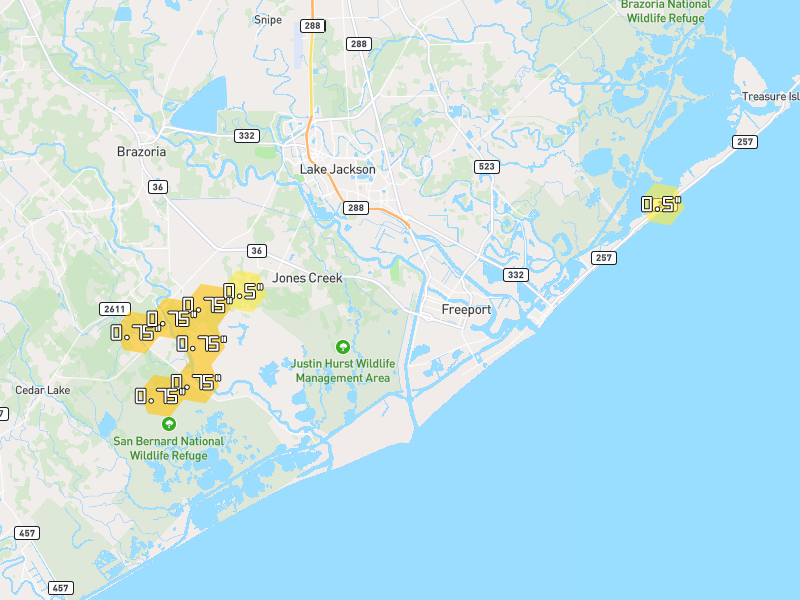 Hail map of Freeport, TX on Jul 23, 2026, hail up to 0.75"