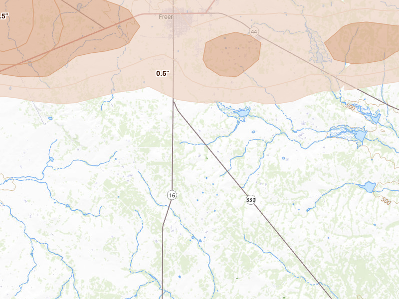Radar-estimated hail-size map of the storm over Freer, TX on Mar 7, 2026