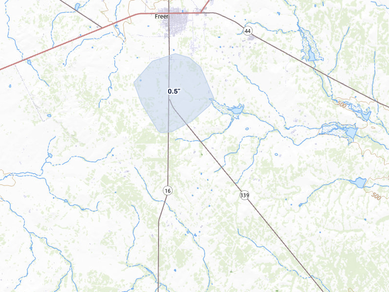 NEXRAD radar-signature map of the hail storm over Freer, TX on May 10, 2026