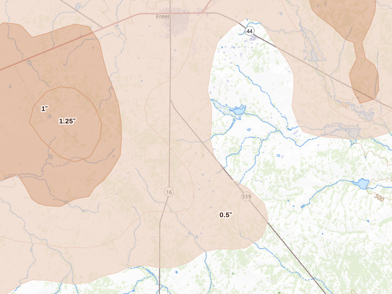 Radar-estimated hail-size map of the storm over Freer, TX on May 18, 2026