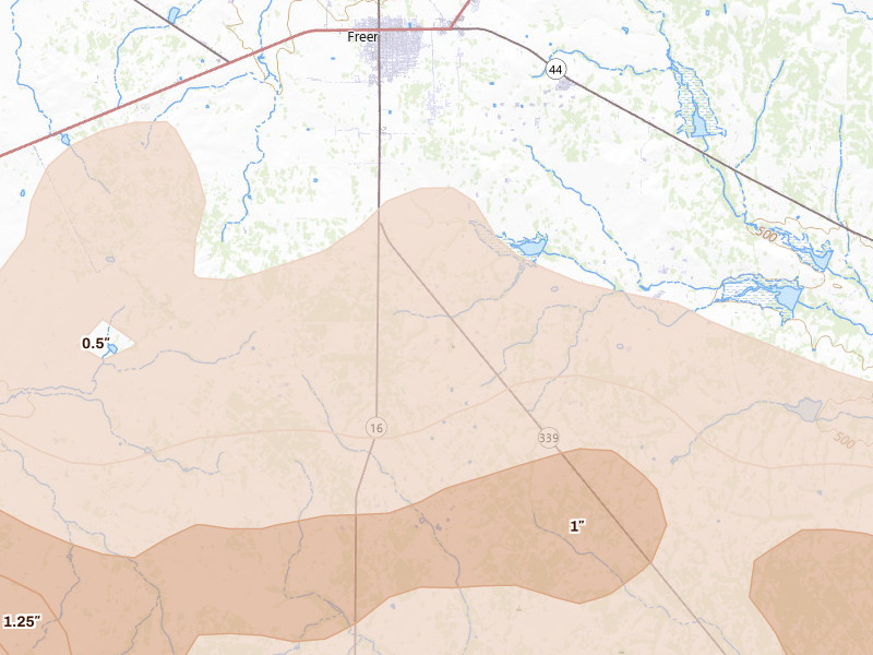 Radar-estimated hail-size map of the storm over Freer, TX on May 26, 2026